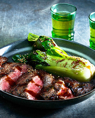 Garlic Bok Choy Plated with Drink