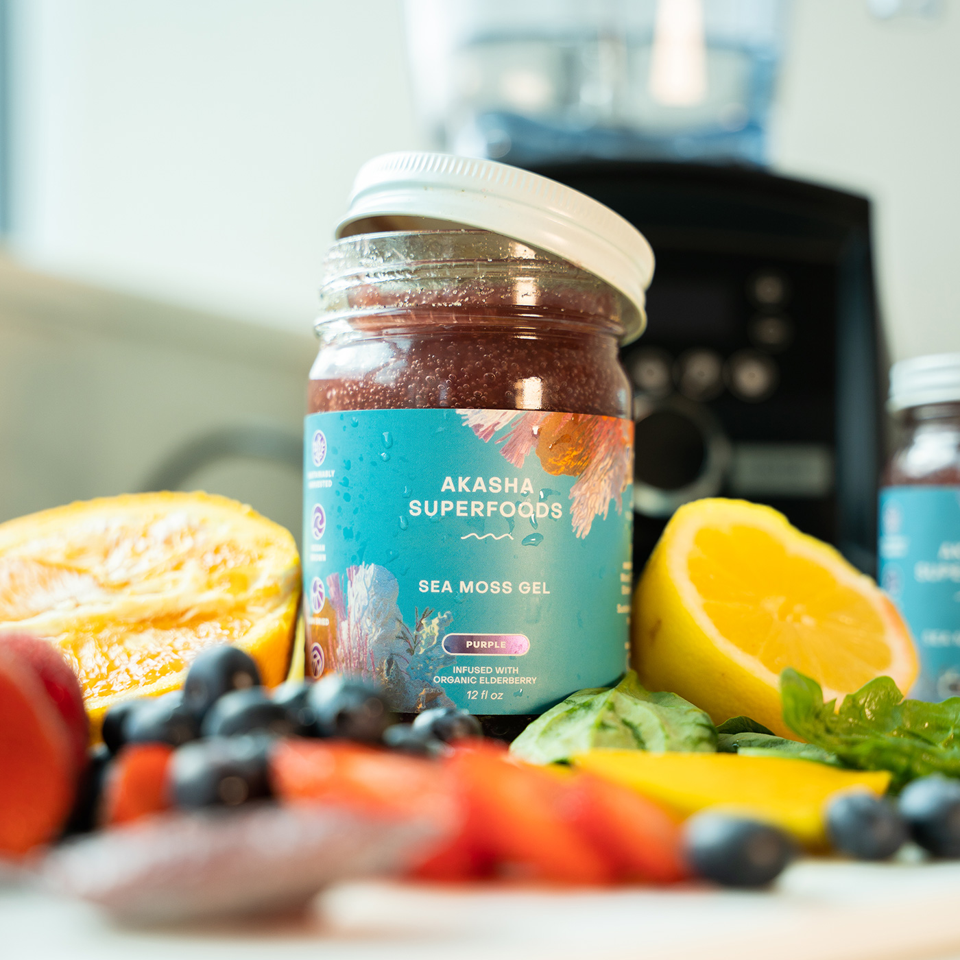 Jar of Akasha Superfoods next to raw fruit